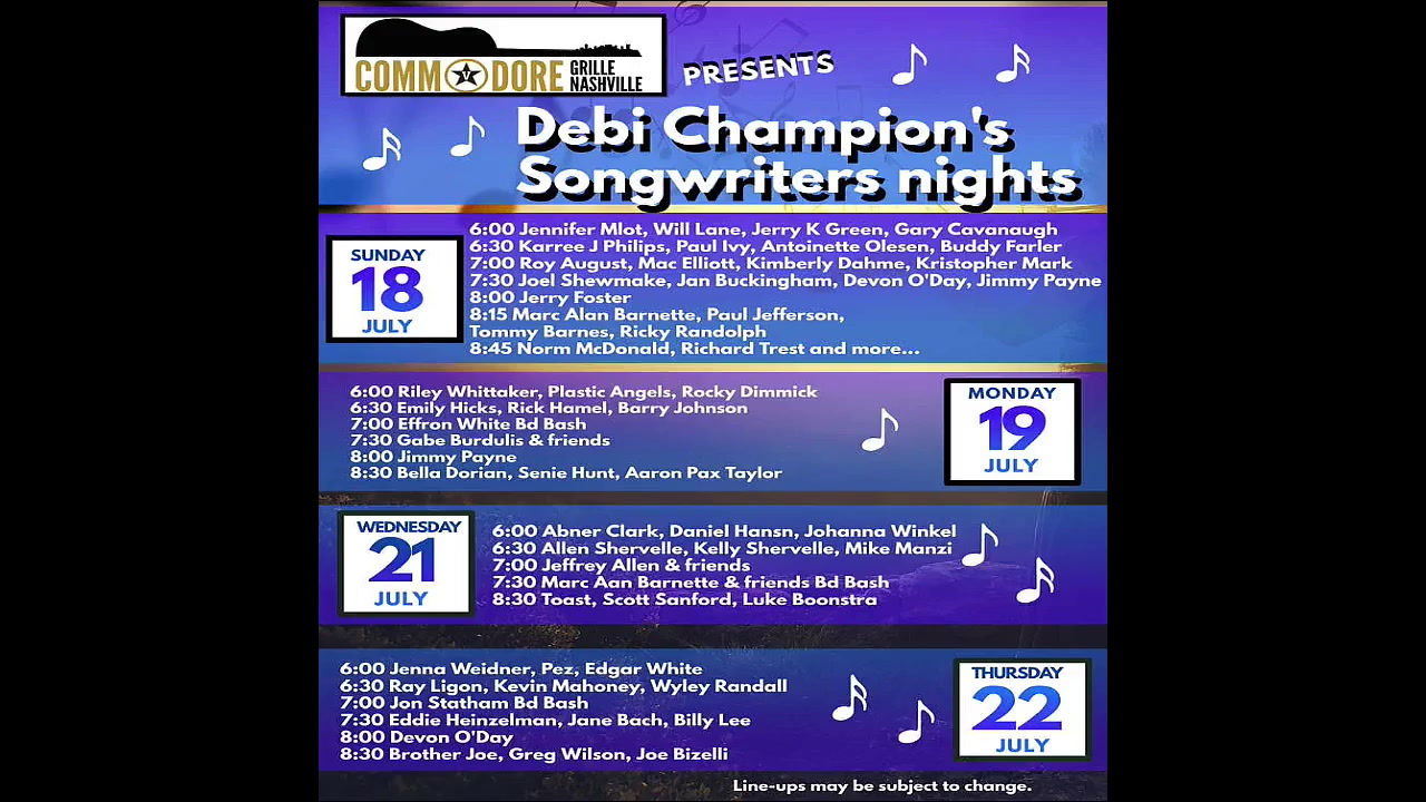 7/18/2021 - 6:00pm - Songwriters Round at the Commodore Grille
