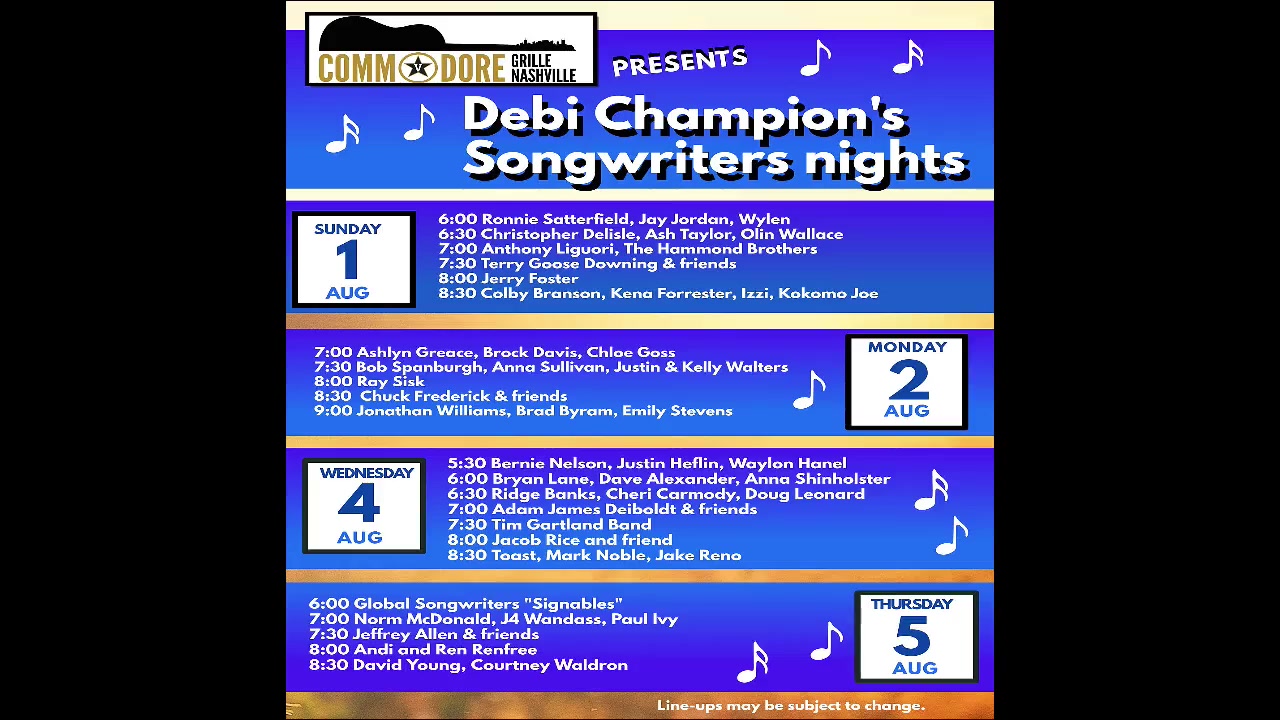8/01/2021 - 6pm - Songwriters Round at the Commodore Grille