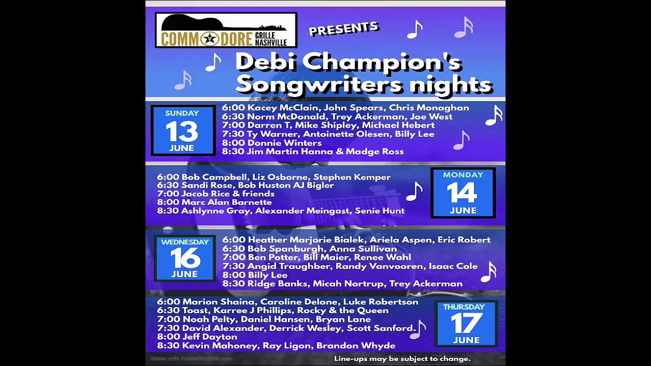 6/13/2021 - 6:00pm - Songwriters Round at the Commodore Grille