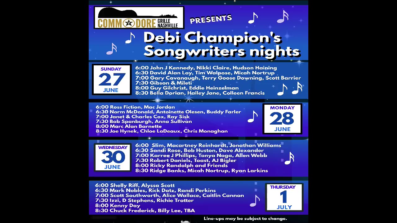6/27/2021 - 6:00pm - Songwriters Round at the Commodore Grille
