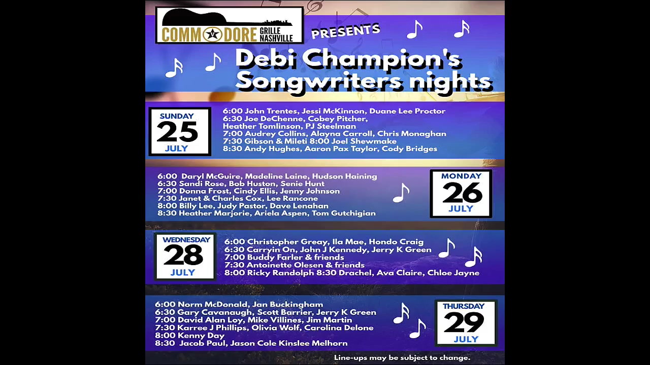 7/25/2021 - 6:00pm - Songwriters Round at the Commodore Grille